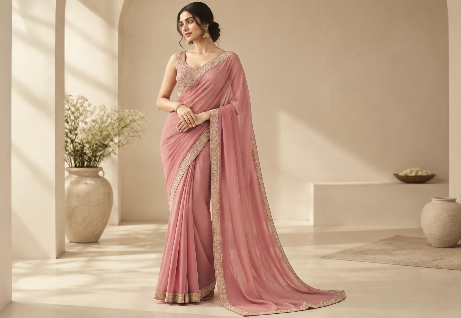 Woman wearing an elegant pink georgette saree from SOLFY